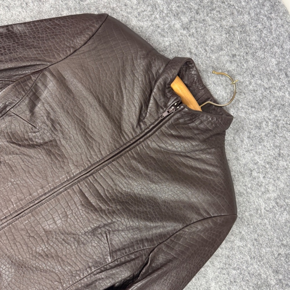 Express World Brand Womens Brown Croc Embossed Leather Zip Up Jacket Size 3/4